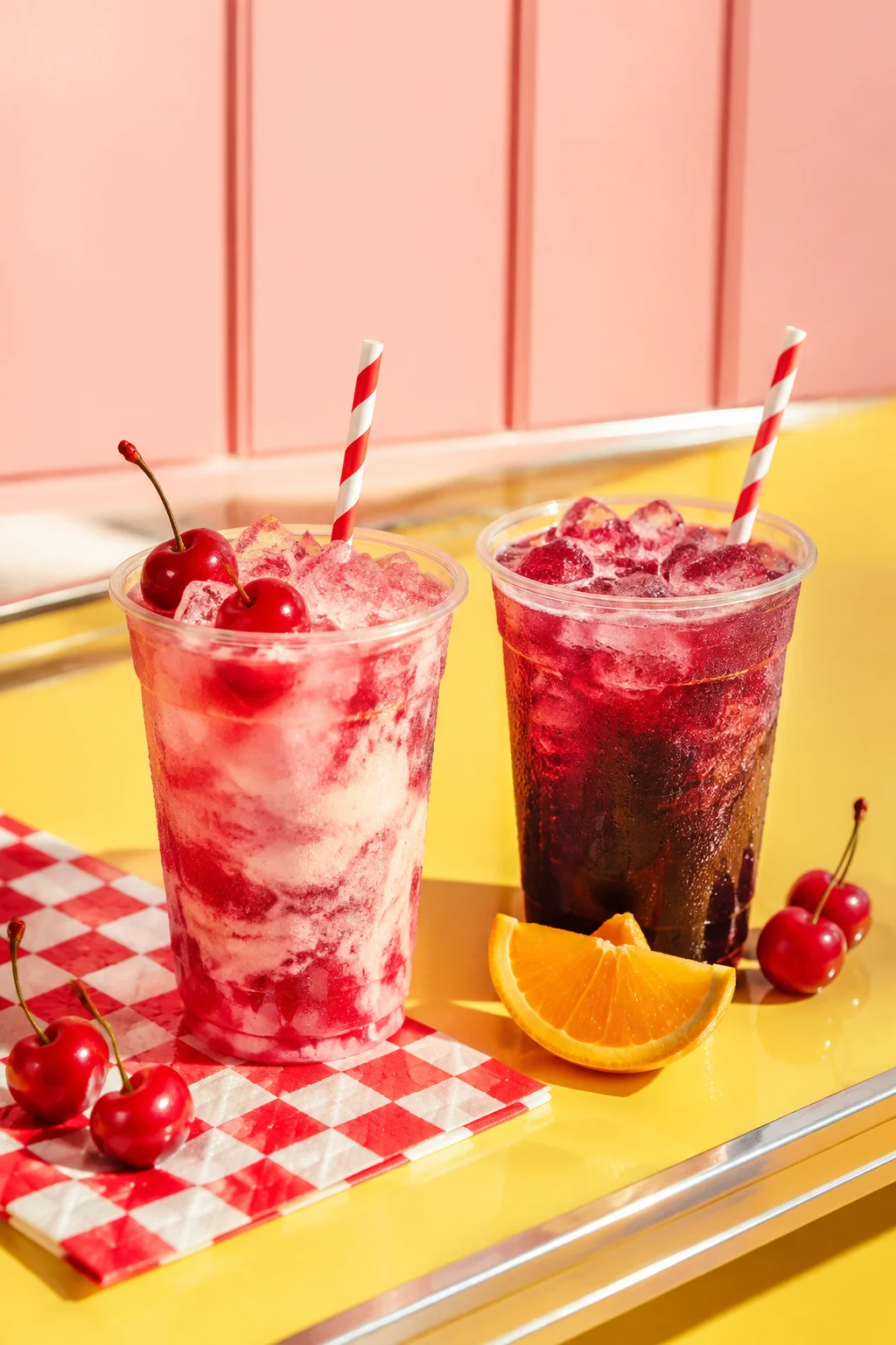 Cherry and berry sodas with striped straws on a sunny yellow counter