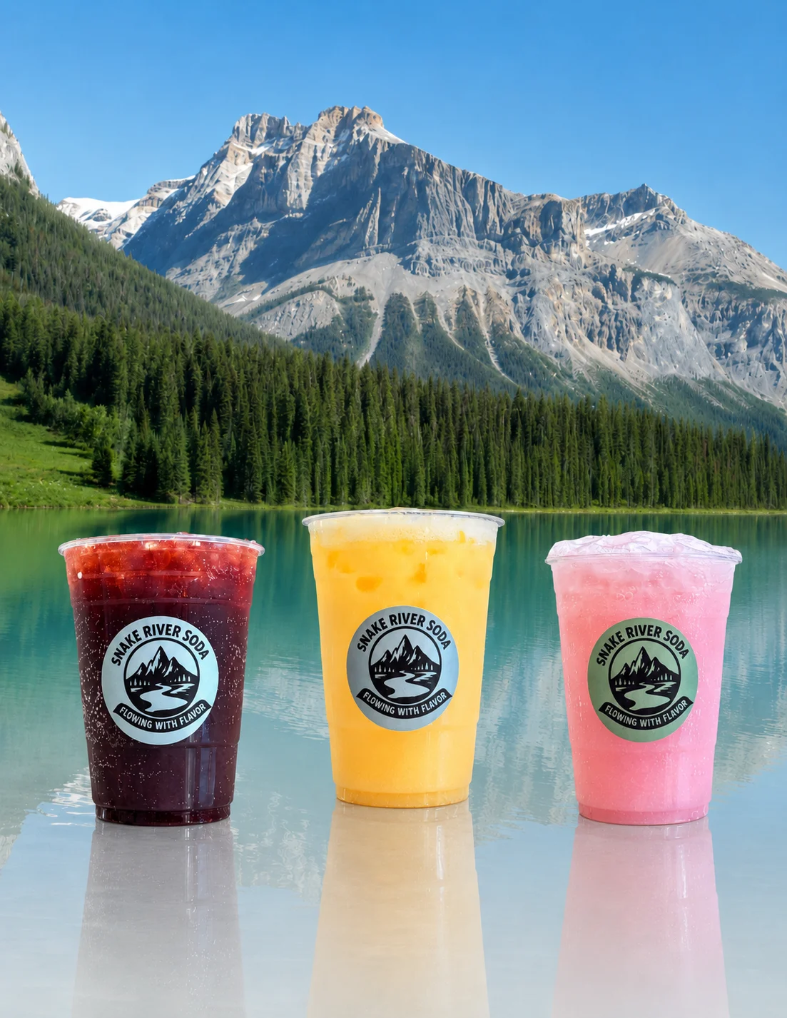 Snake River Soda’s colorful summer drinks against a mountain lake